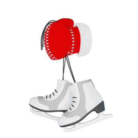 Mão em uma luva vermelha de malha segura um par de patins  3D Illustration