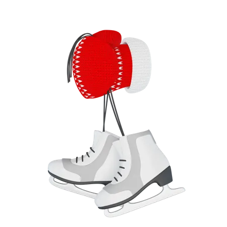 Mão em uma luva vermelha de malha segura um par de patins  3D Illustration