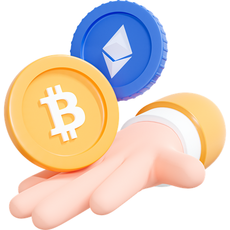 Mão segurando moedas Bitcoin e Ethereum  3D Icon
