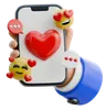 mão segurando smartphone com reações de emoji de amor