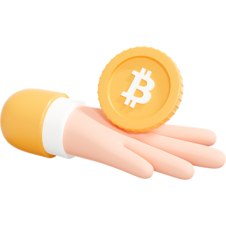 Mão segurando uma moeda Bitcoin dourada  3D Icon