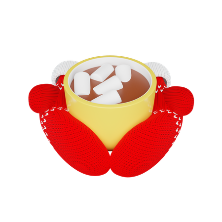 Mãos usando luvas de malha segurando uma xícara de cacau com marshmallows  3D Icon