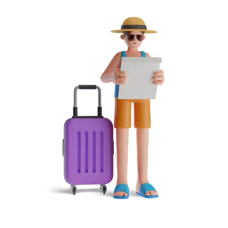 Homem procurando mapa de viagens em viagem à praia  3D Illustration