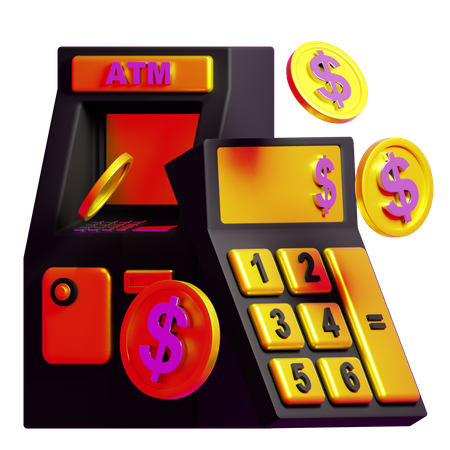 Máquina ATM e moeda calculadora  3D Icon