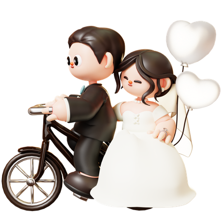 Un couple de mariage fait du vélo avec un ballon en forme de coeur  3D Illustration