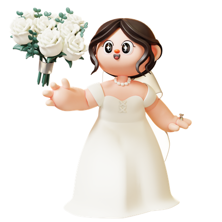 Mariée jetant un bouquet de fleurs à un invité du mariage  3D Illustration