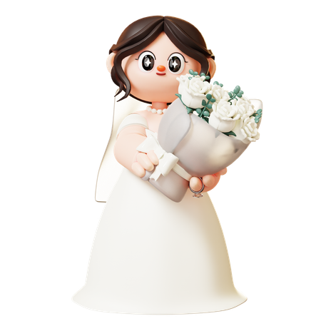 Mariée Tenant Un Bouquet De Roses Blanches  3D Illustration