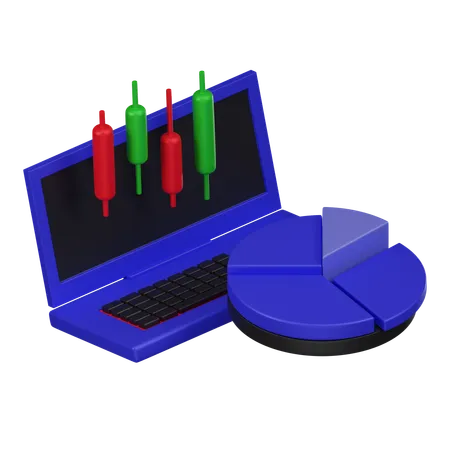 A 3 D Icon Showcasing A Laptop With Candlestick Trading Graphics And A Pie Chart Representing An Investment Portfolio Analysis Tool 3D Icon