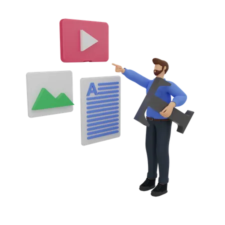 Marketing de contenu avec l'homme en bleu  3D Illustration