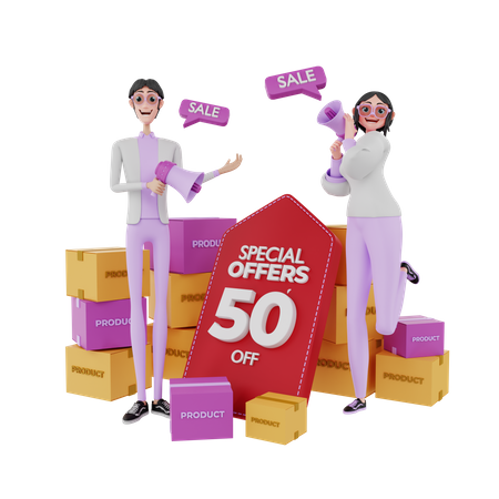 Marketing people announcing product sale  3D Illustration