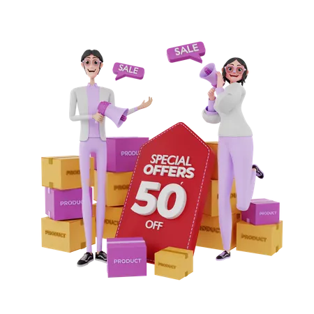 Marketing people announcing product sale  3D Illustration