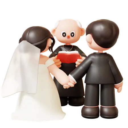 Cute 3 D Cartoon Married Wedding Couple And Priest Holding A Bible Bride And Groom On Outdoor Ceremony Couple In Love Wedding Marriage Valentines Day Love And Romantic Concept 3D Illustration