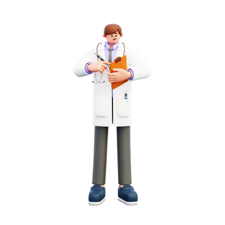 Médico masculino escrevendo relatório médico  3D Illustration