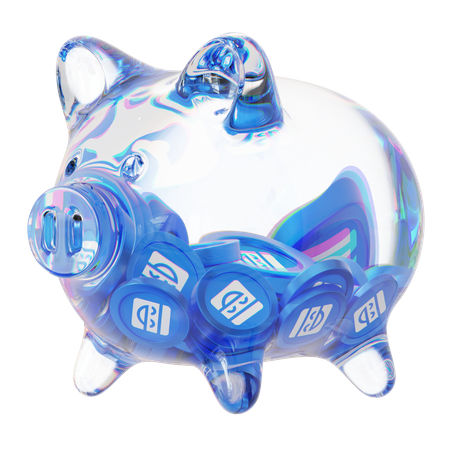 Maskieren Sie ein Sparschwein aus klarem Glas mit abnehmenden Stapeln von Kryptomünzen  3D Icon