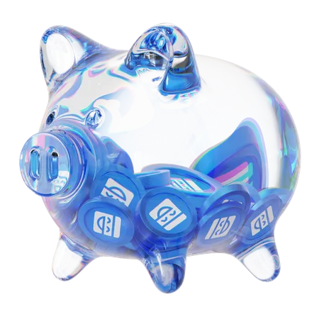 Maskieren Sie ein Sparschwein aus klarem Glas mit abnehmenden Stapeln von Kryptomünzen  3D Icon