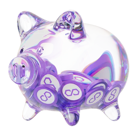 Matic Clear Glass Piggy Bank With Decreasing Piles Of Crypto Coins  3D Icon