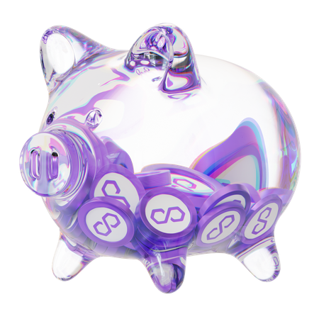 Matic Clear Glass Piggy Bank With Decreasing Piles Of Crypto Coins 3D Icon