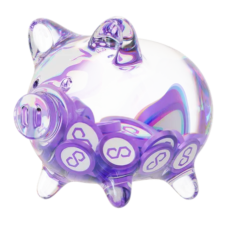 Matic Clear Glass Piggy Bank With Decreasing Piles Of Crypto Coins 3D Icon