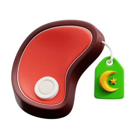 Raw Meat Slice With Islamic Crescent Moon Symbol On Price Tag For Qurban Eid Adha Donation 3 D Icon Illustration Render Design 3D Icon
