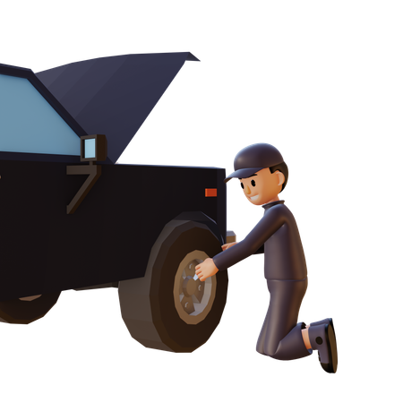 Mécanicien changeant un pneu de voiture  3D Illustration
