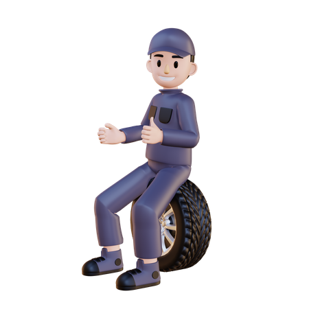 Mecânico sentado no pneu enquanto faz sinal de positivo com dois polegares  3D Icon