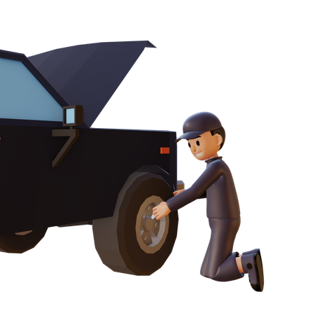 Mechanic Changing Tire Of Car  3D Illustration
