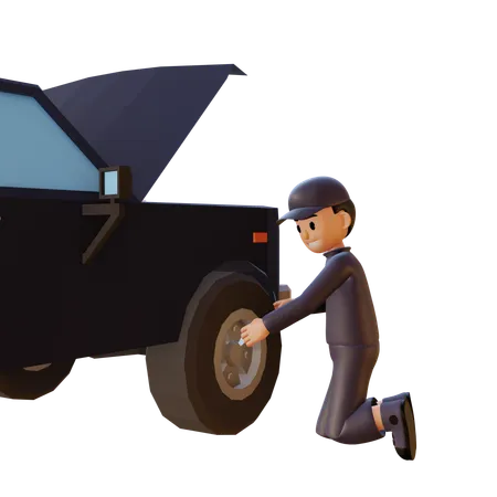 Mechanic Changing Tire Of Car  3D Illustration