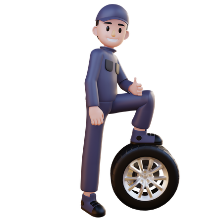 Mechanic Giving Pose On Tire Main  3D Icon
