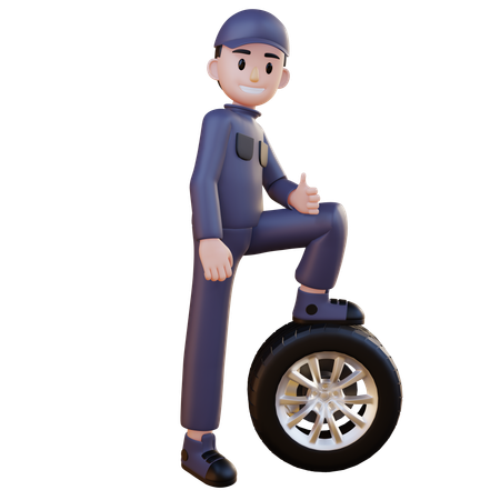Mechanic Giving Pose On Tire Main  3D Illustration