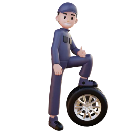 Mechanic Giving Pose On Tire Main  3D Illustration