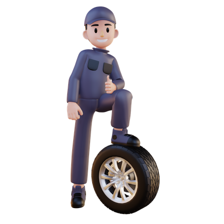 Mechanic Giving Pose On Tire Main Side Angle  3D Illustration