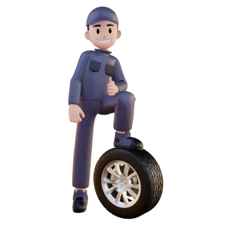 Mechanic Giving Pose On Tire Main Side Angle  3D Illustration