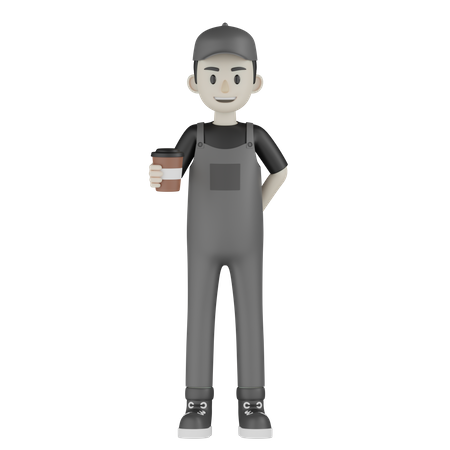 Mechanic Holding Coffee  3D Illustration