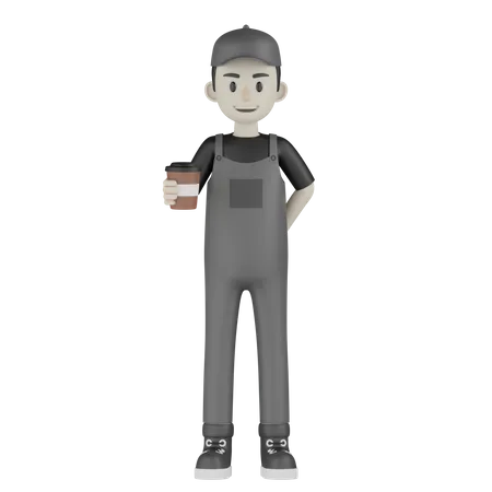 Mechanic Holding Coffee  3D Illustration