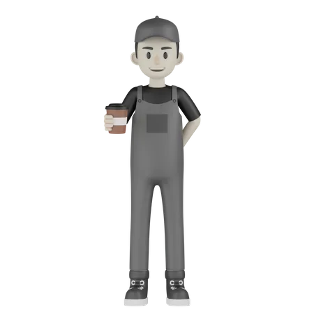 Mechanic Holding Coffee 3D Illustration