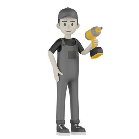 Mechanic Holding Drill Machine  3D Icon