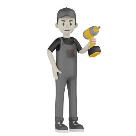 Mechanic Holding Drill Machine  3D Illustration