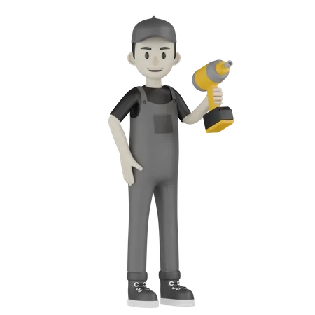 Mechanic Holding Drill Machine  3D Illustration