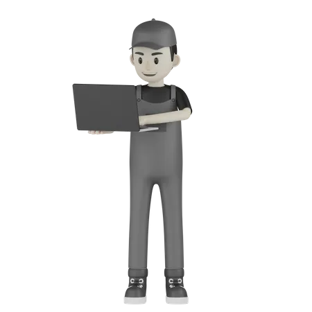 Mechanic Holding Laptop  3D Illustration