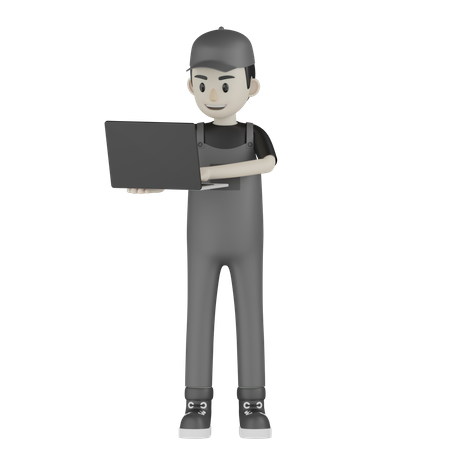 Mechanic Holding Laptop  3D Illustration