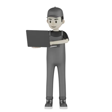 Mechanic Holding Laptop 3D Illustration