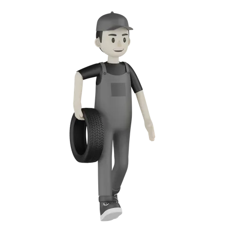 Mechanic Holding Tire  3D Illustration