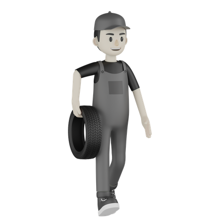 Mechanic Holding Tire 3D Illustration
