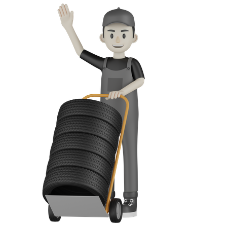 Mechanic Holding Tire Cart  3D Illustration