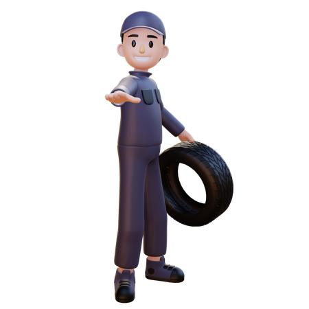 엄지 손가락을 위로 향하게 한 채 타이어 손을 잡고 있는 정비공  3D Illustration