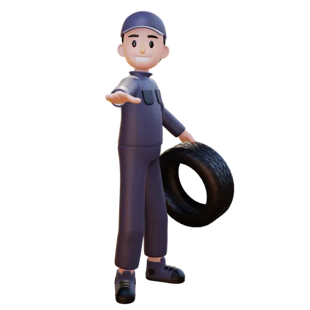 엄지 손가락을 위로 향하게 한 채 타이어 손을 잡고 있는 정비공  3D Illustration