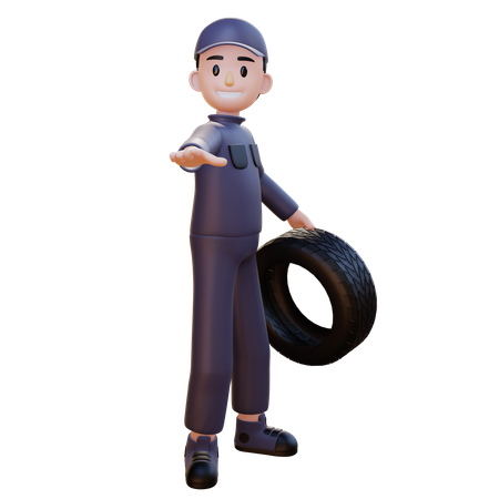 Mechanic Holding Tire Hand While Thumbup Side Angle  3D Icon