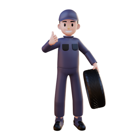 Mechanic Holding Tire While Showing Thumbup  3D Icon