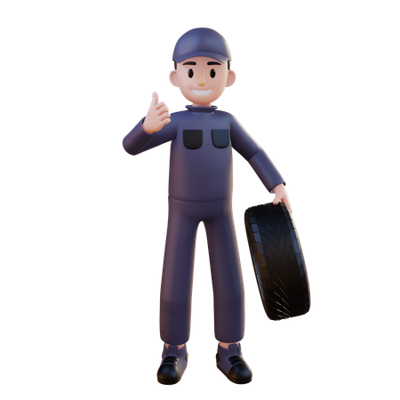 Mechanic Holding Tire While Showing Thumbup  3D Illustration