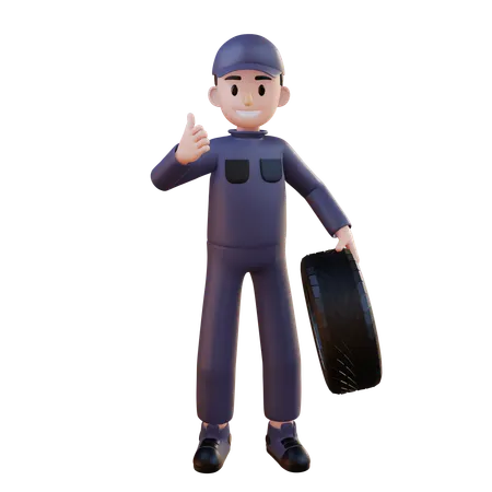 Mechanic Holding Tire While Showing Thumbup  3D Illustration